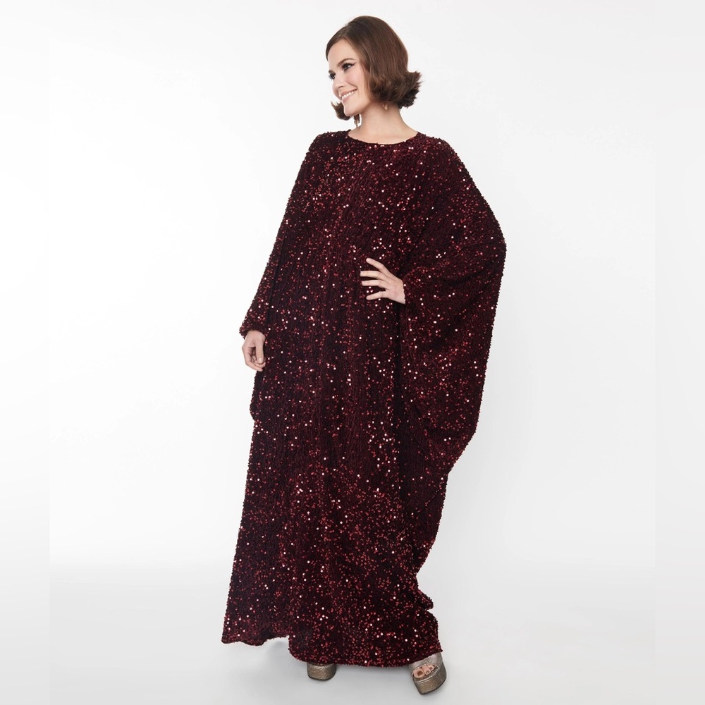 Smak Parlour Burgundy Sequin Caftan Gown OS 70s Glam Batwing Sleeve